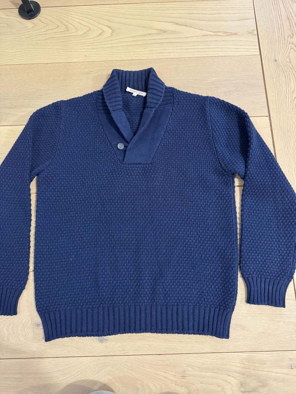 Romeo Gigli Navy Blue Shawl Collar Merino Wool Blend Sweater Size S
